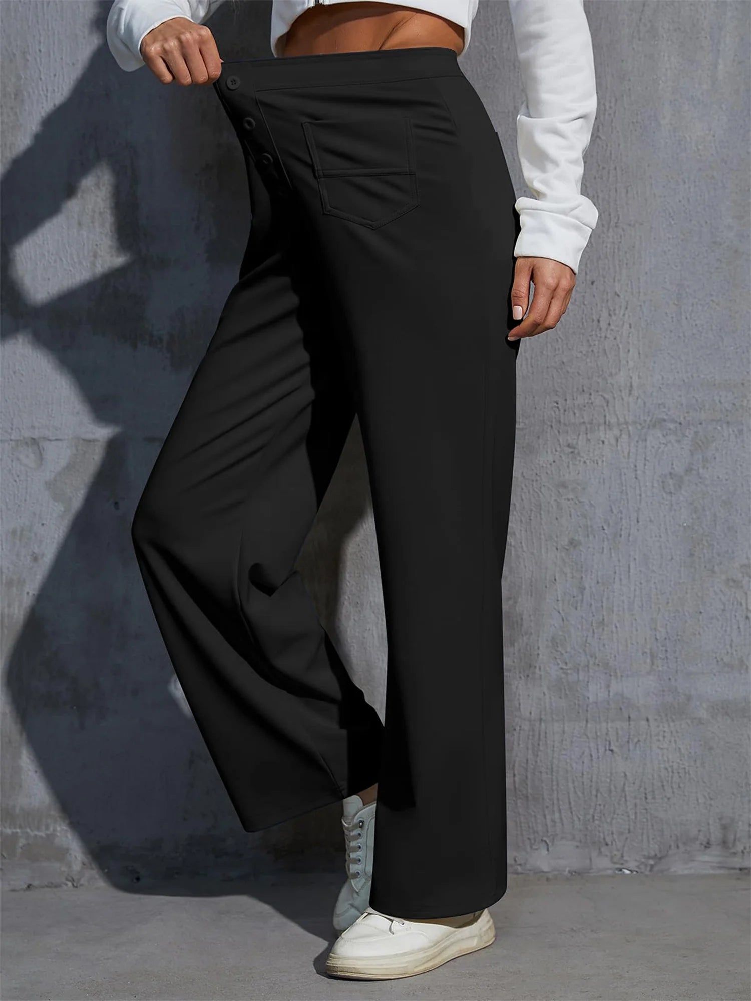 Womens Straight Leg Pants High Waisted Button Stretchy Business Work Casual Trousers Multiple Pockets Pants for Womens Clothes Elastic Waisted Slacks Casual