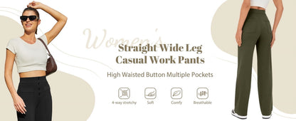 Womens Straight Leg Pants High Waisted Button Stretchy Business Work Casual Trousers Multiple Pockets Pants for Womens Clothes Elastic Waisted Slacks Casual