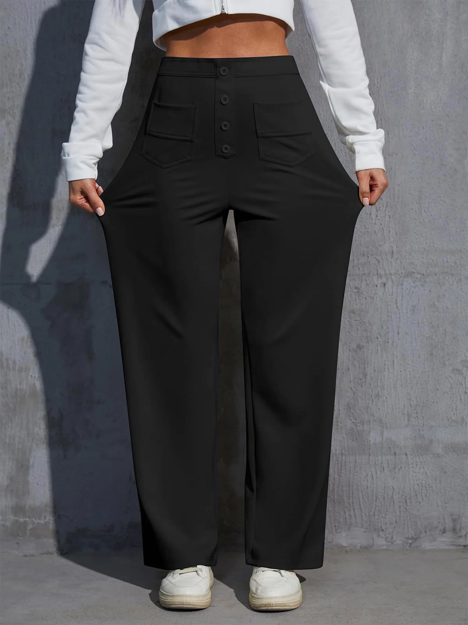 Womens Straight Leg Pants High Waisted Button Stretchy Business Work Casual Trousers Multiple Pockets Pants for Womens Clothes Elastic Waisted Slacks Casual