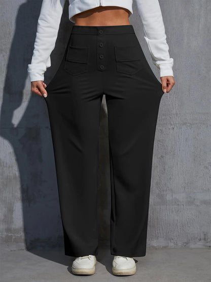 Womens Straight Leg Pants High Waisted Button Stretchy Business Work Casual Trousers Multiple Pockets Pants for Womens Clothes Elastic Waisted Slacks Casual