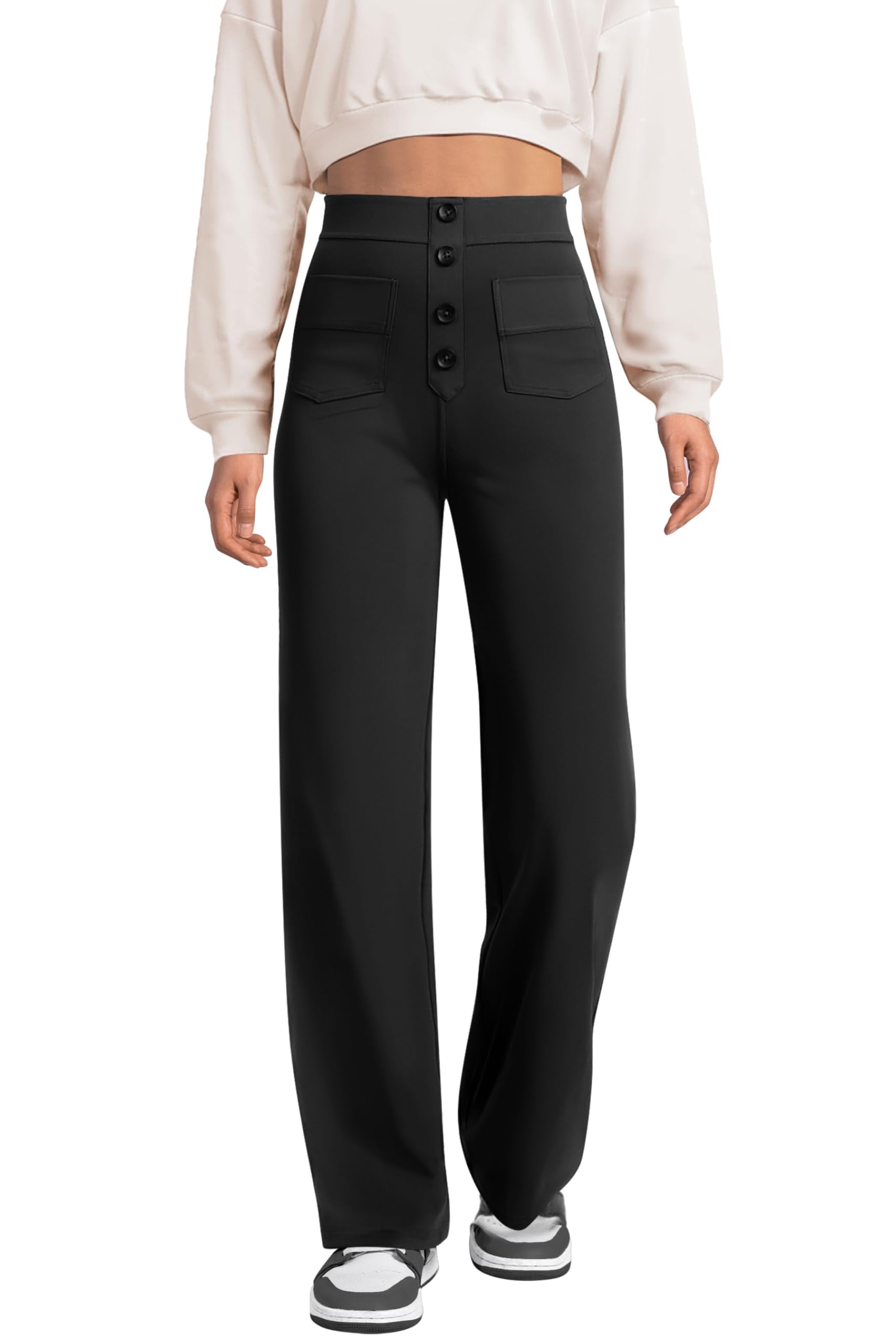 Womens Straight Leg Pants High Waisted Button Stretchy Business Work Casual Trousers Multiple Pockets Pants for Womens Clothes Elastic Waisted Slacks Casual